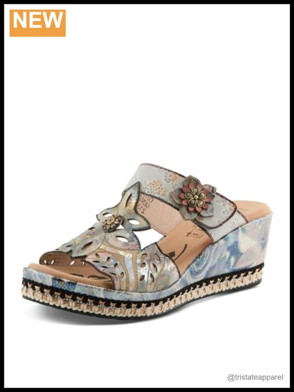 Metallic Leather Floral Wedge Sandals
